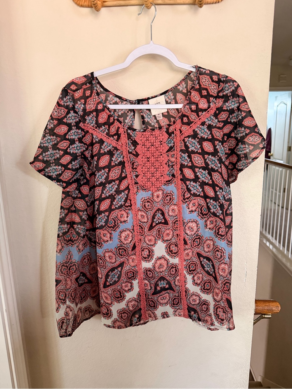 Knox Rose Coral and Light Blue Paisley Short Sleeve Blouse